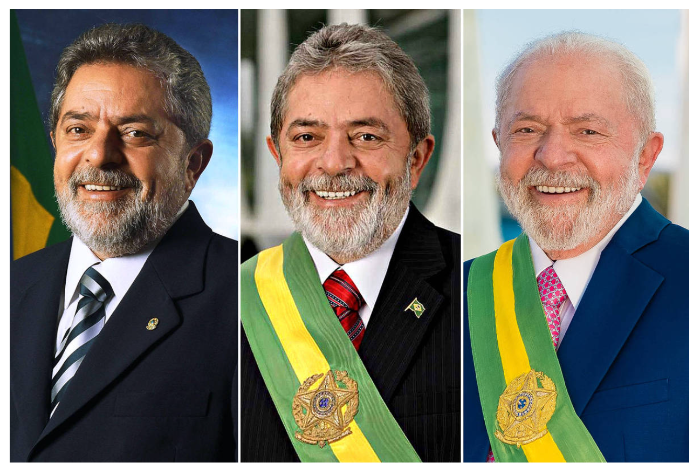 Da esquerda para a direita, Lula em 2003, 2007 e 2023, respectivamente
